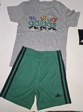 adidas Boys Lightweight Gray T-Shirt Green Shorts Sports Outfit Set