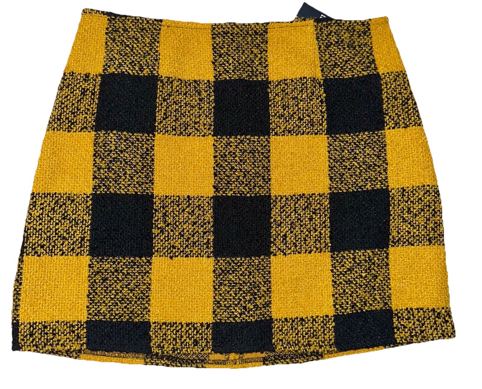FOREVER 21 Tweed Plaid A-Line Mini Skirt Yellow Black Zip Women's Size L