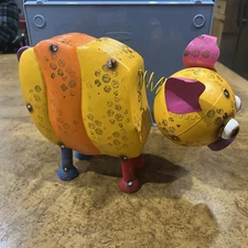 Rustic Repurposed Recycled Colorful Scrap Metal Orange Pig Statue Home Outdoor