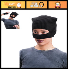 Knitted Cat Ski Mask - Black Balaclava with Cat Ears for Cosplay, Halloween Wi
