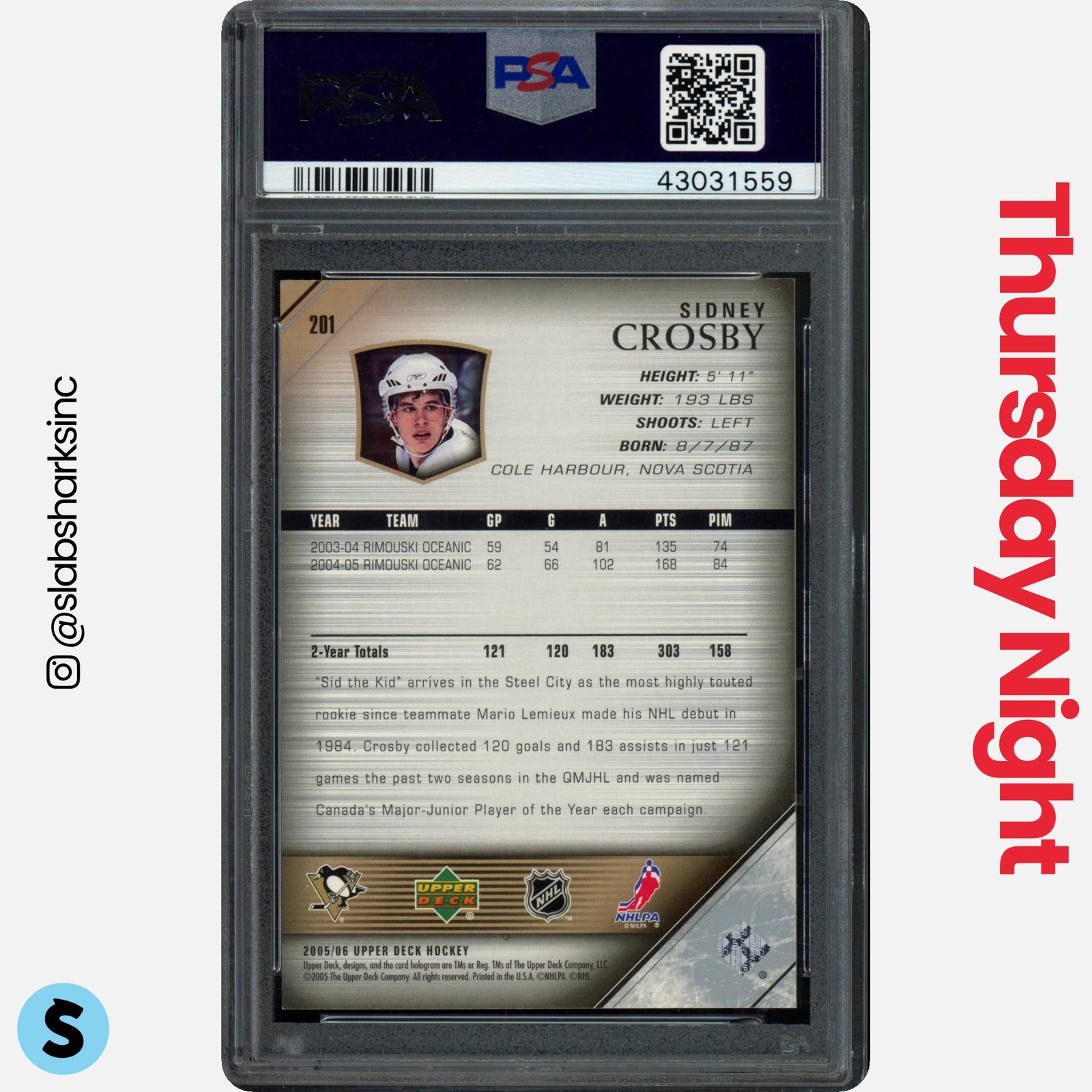 2005 UPPER DECK #201 SIDNEY CROSBY YOUNG GUNS RC ROOKIE PSA 10 view 2