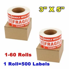 3x5 Large Fragile Stickers Handle with Care Mailing Label 500/Roll Free Shipping