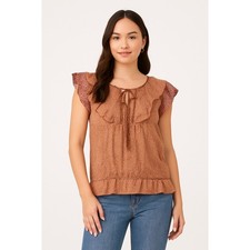 DR2 Women’s Floral Ruffle Blouse M Boho Peasant Top with Tie Neck Rust Pink