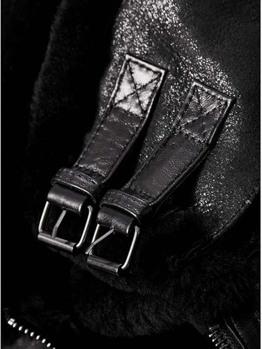 Męska czarna kurtka bomberka B3 Flight Fur Shearling Aviator Skóra owcza Skórzany płaszcz - Zdjęcie 4 z 8