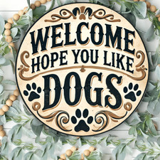 Rustic Iron Welcome with Dog Paw Prints,Tin Metal Signs Home D cor 8x8 Round Out