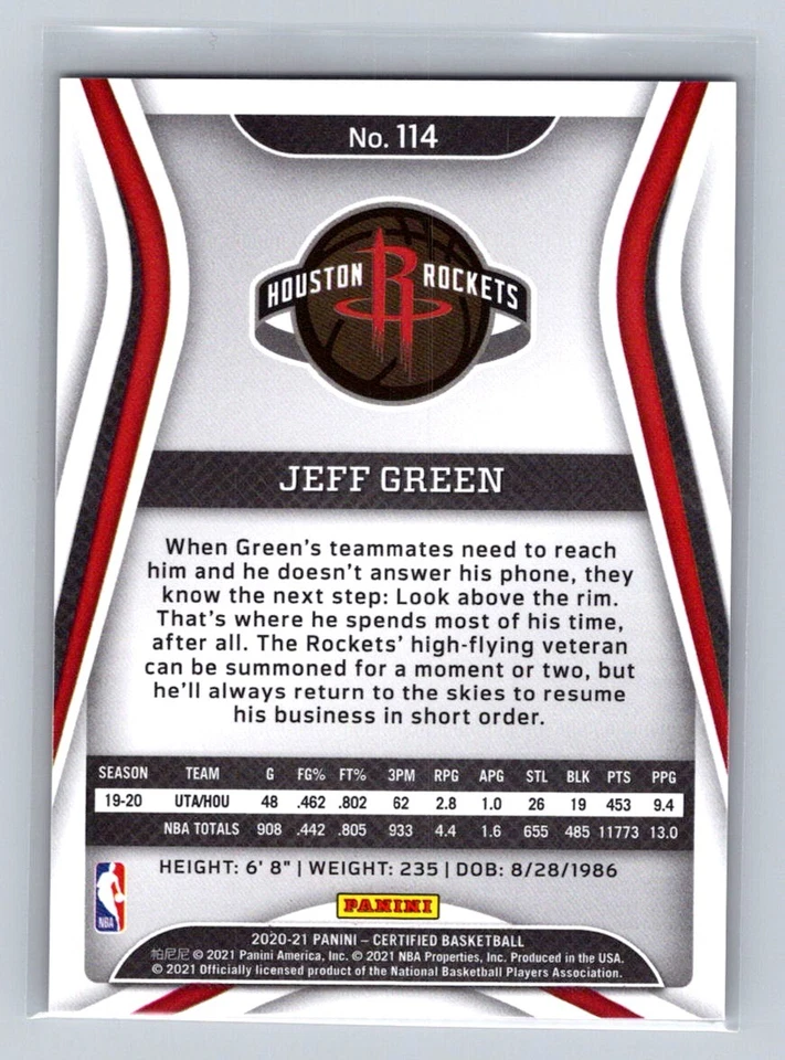 2020-21 Panini Certified #114 Jeff Green Houston Rockets - Image 2 of 2