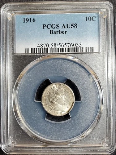 1916 Barber Silver Dime graded AU58 by PCGS