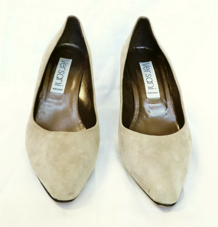 VERSANI Mujer Beige Tostado Marrón Claro Crema Gamuza Cuero Tacones 7.5 B  Foto 2 de 4