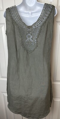BELLAMBRA Italy Olive Green 100% Linen Dress Crochet Back