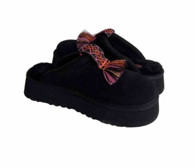 UGG 黒リボンウェッジサンダル UGG WOMEN TAZZLE BLACK SHEARLING SUEDE PLATFORM SHOES US 6 / EU 37