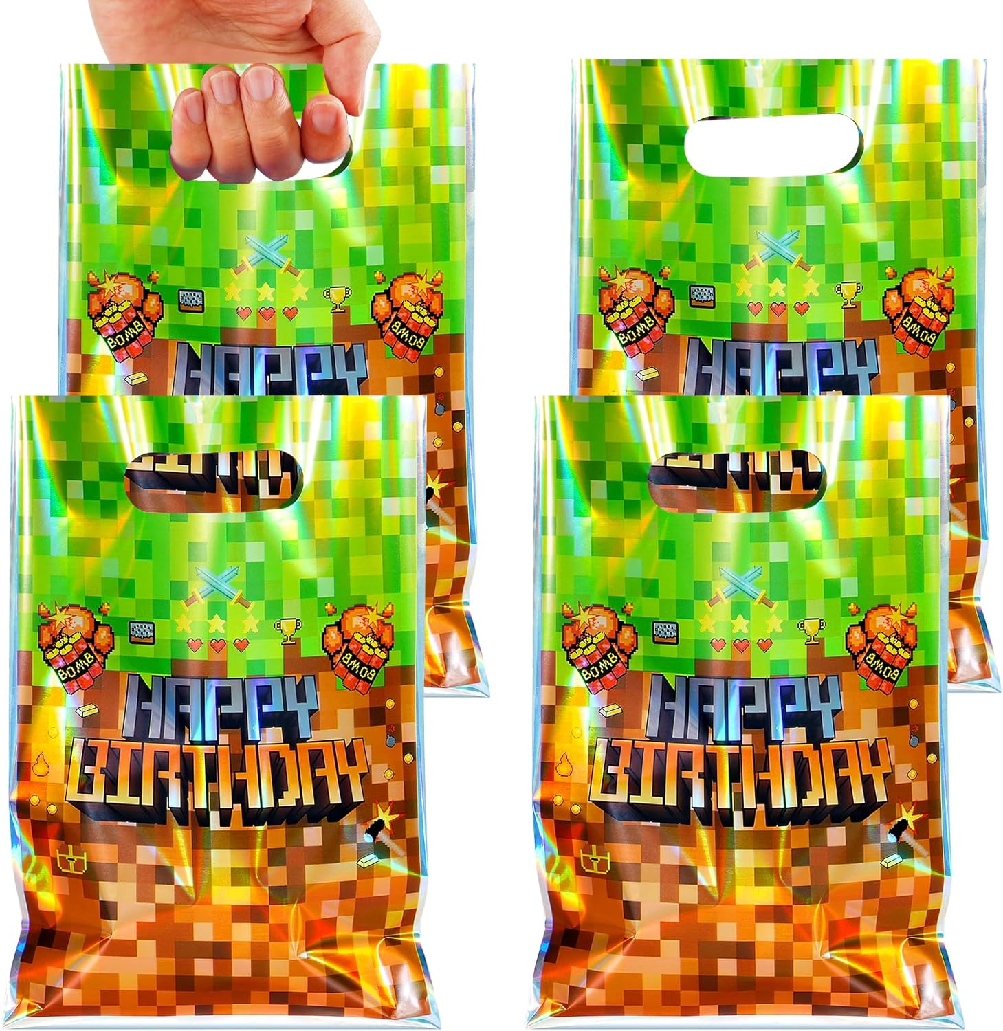 50 Pcs Iridescent Pixel Theme Party Favor Bags Plastic Gift Bags Candy