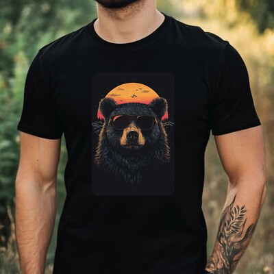 Mens Black Bear Sunglasses Print Cotton T-Shirt Size XS to 5XL
