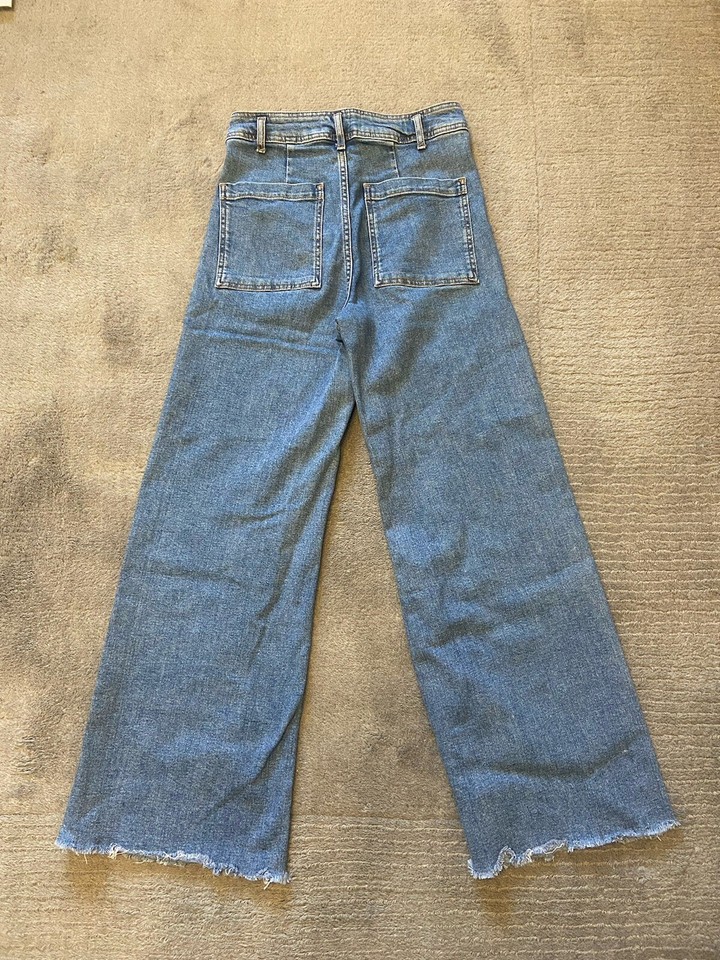 ZARA ‘The Marine Straight’ Wide Leg Blue Frayed Hem Jeans Size 38/UK 10