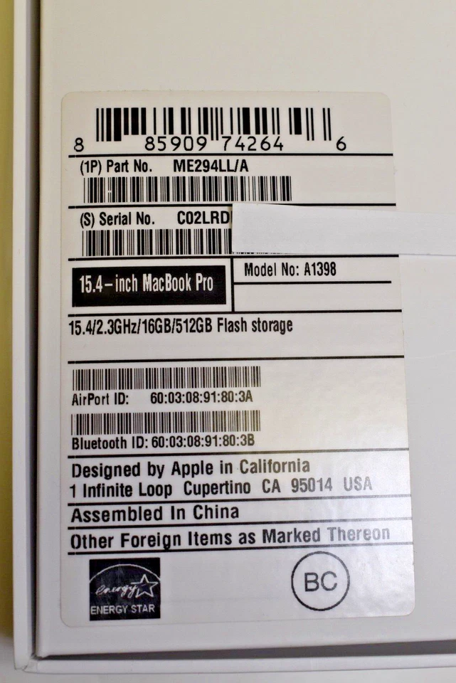 Нетронутый MacBook Pro 15,4 дюйма Retina i7 2,3 ГГц 16 ГБ 512 ГБ NVIDIA GPU (DG) A1398 - Изображение 2 из 4