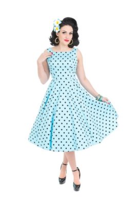 H&R London Caprice Day Dress Sky Blue Black Polka Dots Retro