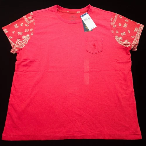 POLO RALPH LAUREN WOMENS CREW T-SHIRT -XL FESTIVE RED WHITE BANDANA -POCKET PONY