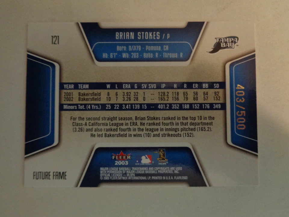 2003 Fleer Flair Future Fame Brian Stokes Card #F-121 Serial #403/500 - Image 2 of 2