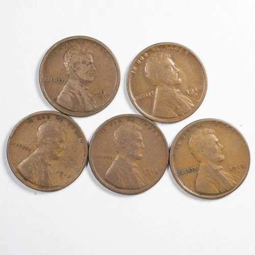 1918-D Lincoln Wheat Cent Lot of 5 Coins All Very Fine