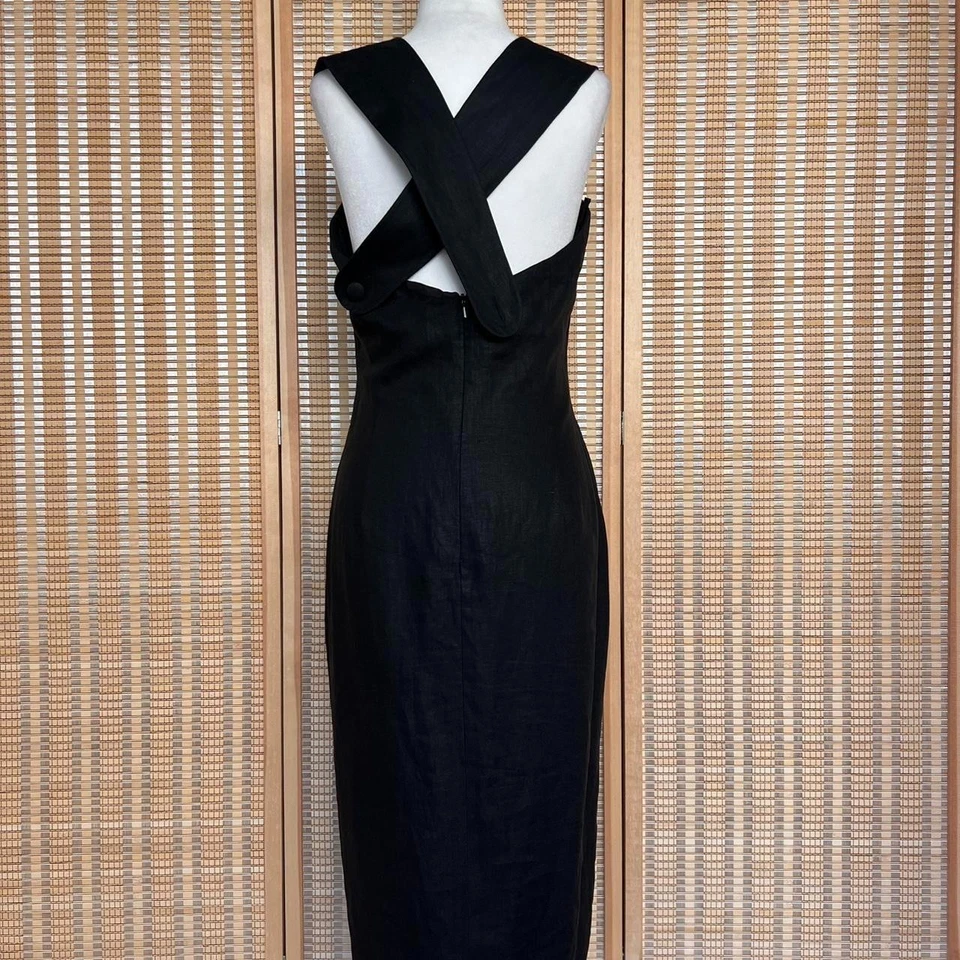 Maxi Vestido Bloomingdale’s 100% Lino Negro Con Escote Corazón Foto 3 de 4