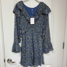 NWT Free People Blue Floral Ruffle Mini Dress Long Bell Sleeves Size 4