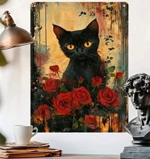 Vintage Black Cat Roses Metal Wall Art Sign 8in Retro Home Bar Decor Rustic 