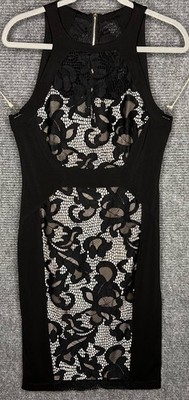 Cache Dress Black Knit Bodycon Midi Dress Size 6 Cut Out Illusion Scoop Neck Y2K