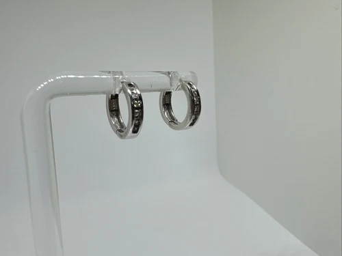 10k White Gold Channel Set Diamond Hoop Earrings Huggies, Hinge, Snap, 13.8mm