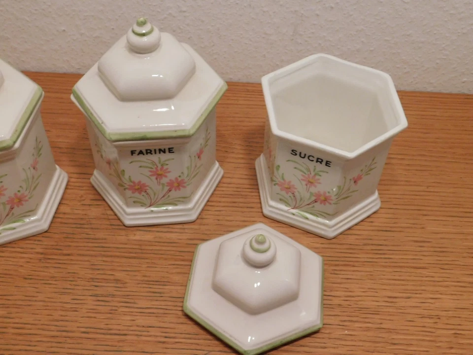 VINTAGE 3 boite ANCIEN POT hexagonal à épices SUCRE sel FARINE porcelaine ALSACE - Photo 3/4