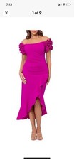 Xscape New Fuchsia Ruffle Off the Shoulder Midi Cocktail Dress Size 12 $248