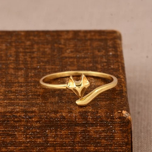 Gold Fox Head Bypass Ring Adjustable Wrap Band Animal Lover Jewelry Gift for Her