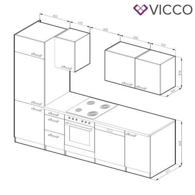 Cuisine Optima, Anthracite brillant/blanc, 270 cm sans plan de travail, Vicco