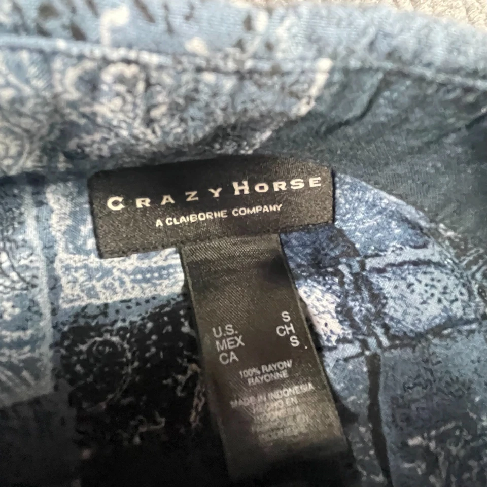 Crazy Horse Shirt Mens S Blue Rayon Button Up Short Sleeve Abstract Retro Y2K - Image 2 of 4