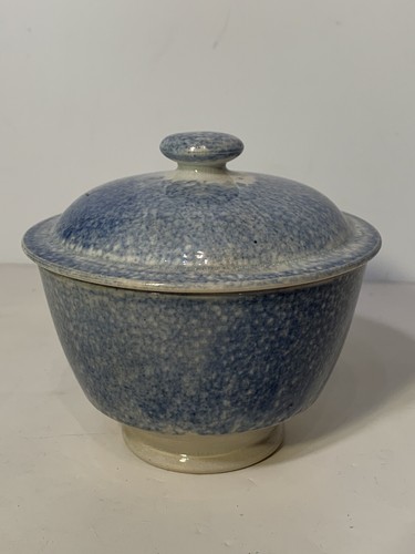 c1840 Antique Spatter Ware Blue American Sugar Bowl & Cover Early-Mid 19th Cent
