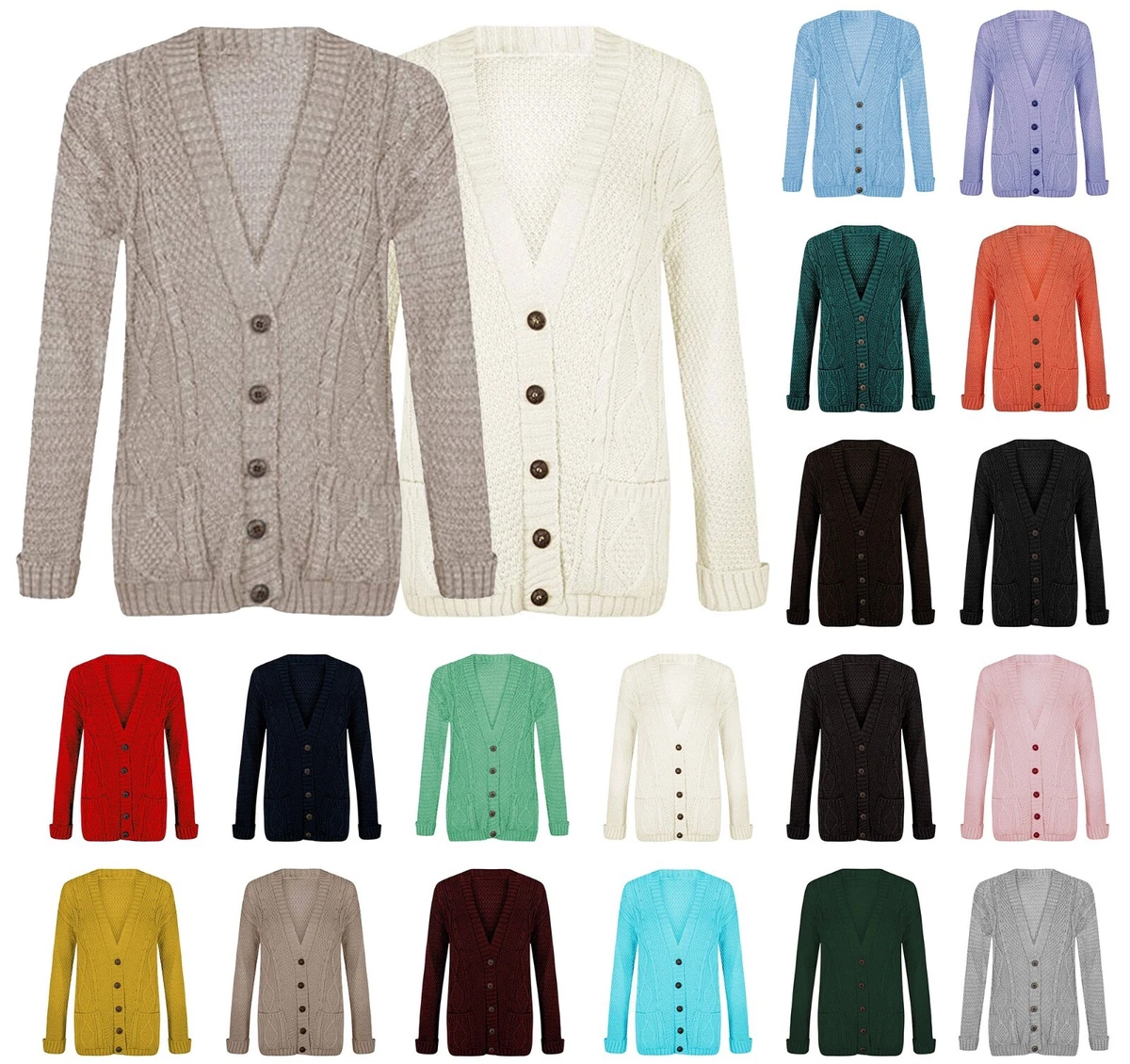 Women Ladies Button Up Boyfriend Cardigan Top Long Sleeve Pocket Cable Knitted