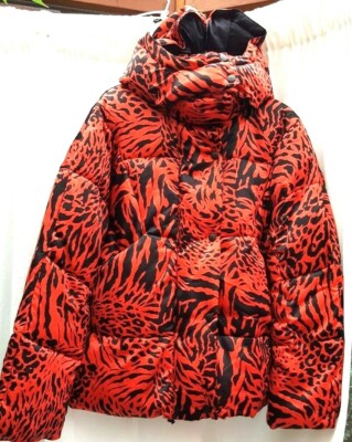 Size UK4, orange/black tiger stripe, padded,with hood,puffa jacket by Asos