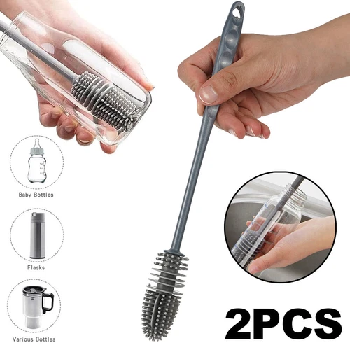 Long Handle Silicone Bottle Brush Flexible Scrubbing Cleaner Cup Washing Brush - Picture 1 of 15