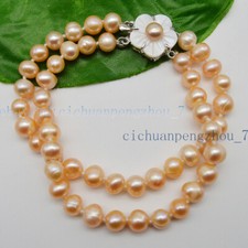 Image of 2 Rows 7-8mm Natural Pink Freshwater Pearl Bracelet 7.5'' Shell Flower Clasp