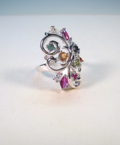 FANCY SAPPHIRE & GEMSTONE RING 2.00 CTW sz 7 WHITE GOLD over 925 STERLING SILVER - Picture 2 of 12