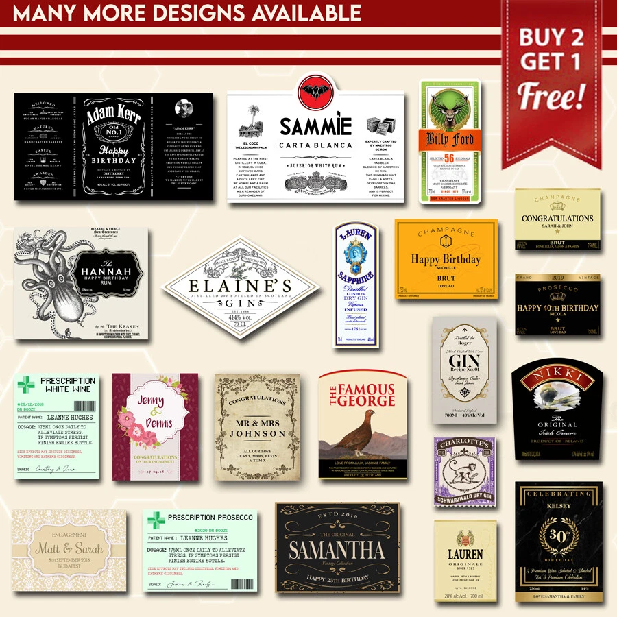 AFFICHE PRINTS Personalised Bottle Label Custom Sticker Gift Present Many Designs For Occasions