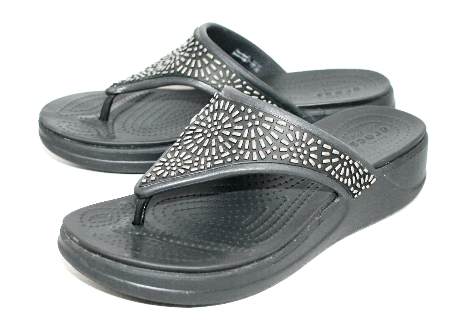 CROCS Women Size 8 Monterey Diamonte Wedge Flip Flop Black Embellished