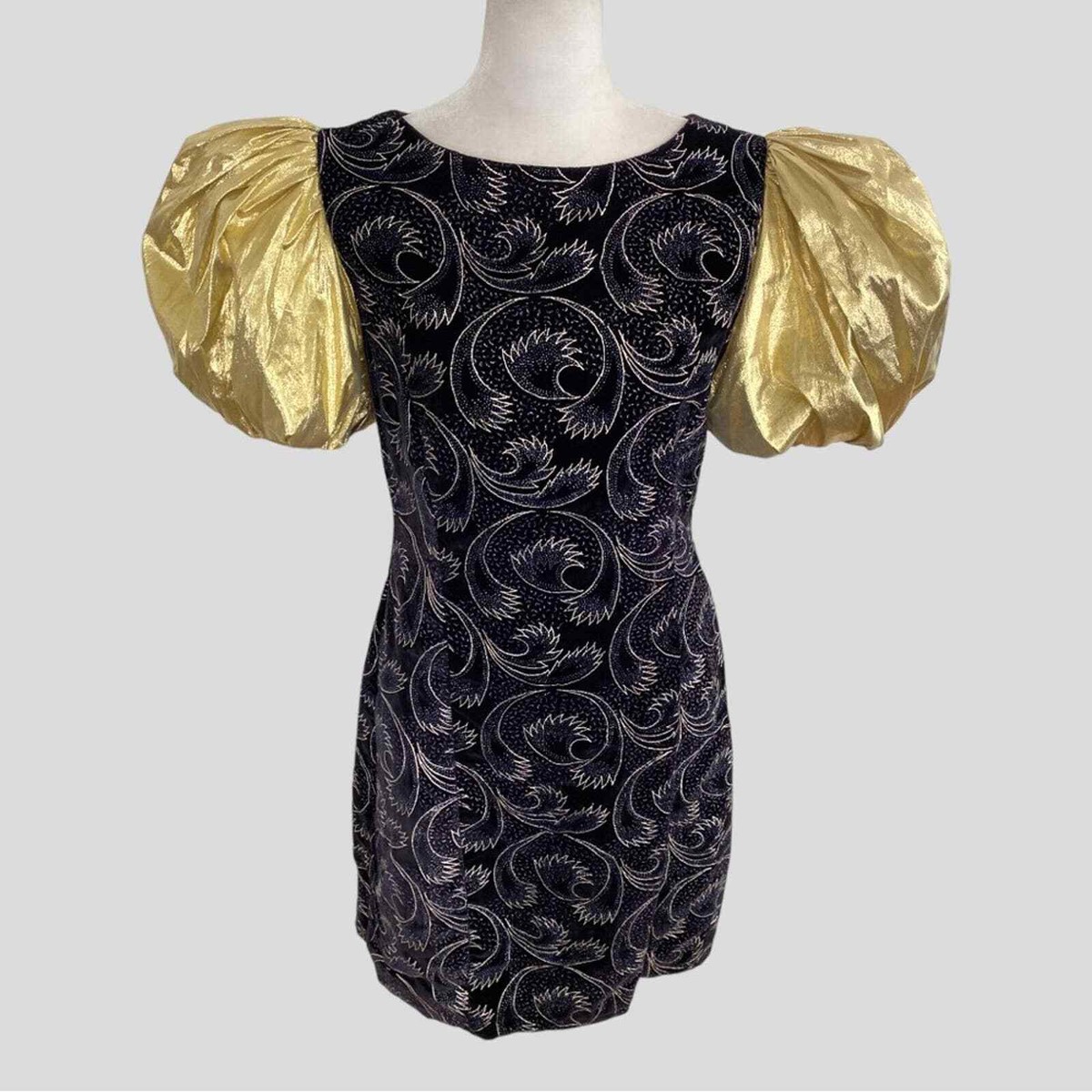 green emerald velvet dress Elegant Baby Girls Black and Gold Puff Sleeve Pattern Princess Dress Toddler Prom Dress, Black / 7-8 Years (140cm)