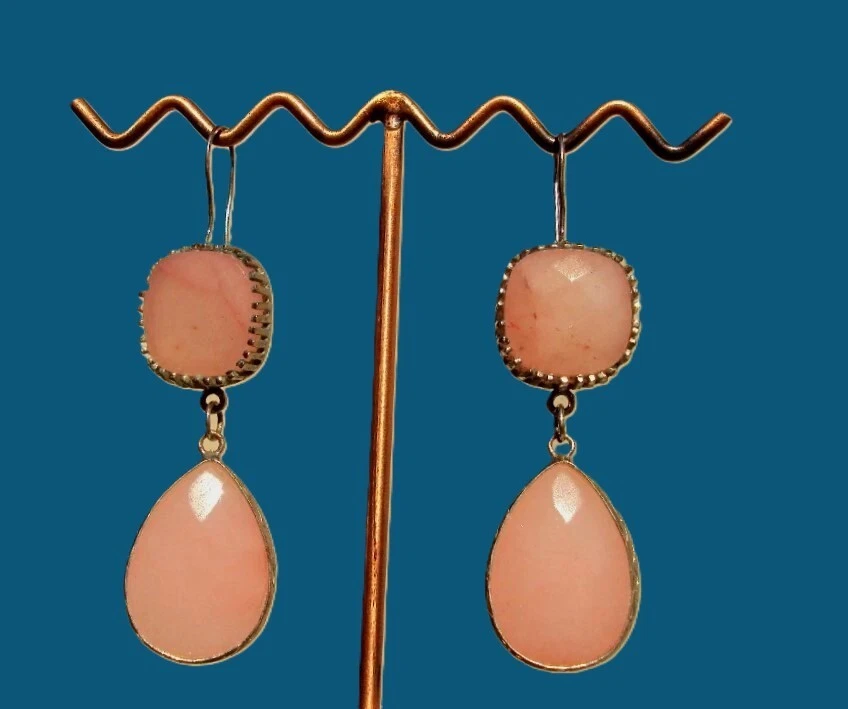 Orecchini Pendenti In Argento 925 Con Calcedonio Blu Cabochon, Pietre 6x18 Mm, Lunghezza 3,5 Cm, Senza Nichel