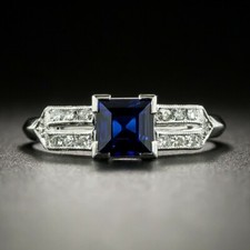 Art Deco 1Ct Square Cut Blue Sapphire CZ Engagement Wedding 925 Silver Ring
