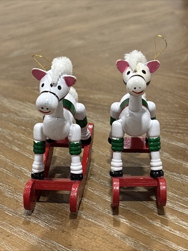 (2) VTG Hand Painted White Wooden Rocking Horse W/White Hair Christmas Ornaments - Picture 4 of 16