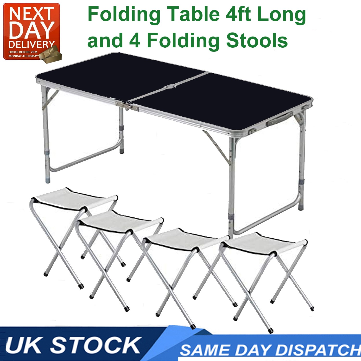 4ft Folding Picnic Table & 4 Stools Set - Adjustable Height Portable Camping BBQ