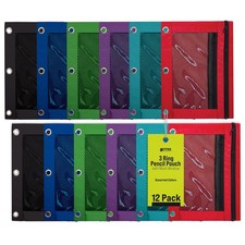 3 Ring Pencil Pouch, 12 Pack, with Mesh Window, 2 Compartments, Assorted Colors