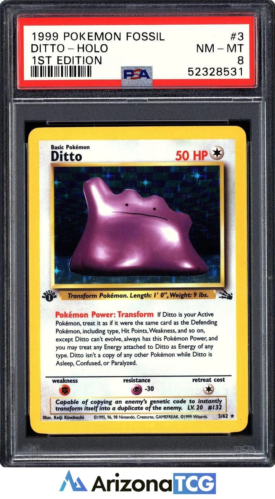 Pokemon 1999 Ditto 3/62 Holo Fossil 1st Edition PSA 8