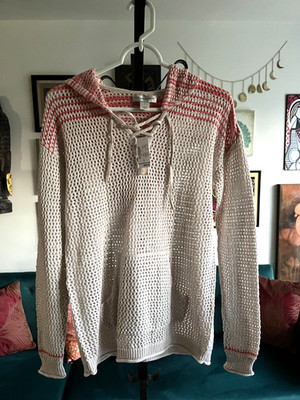 CHRISTOPHER & BANKS size S Beige & Coral Open Weave Hooded Sweater with Pocket