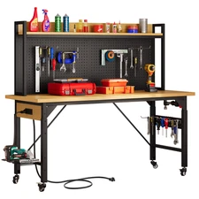 59" L Heavy-Duty Adjustable Workbench with Pegboard & Power Outlets Work Bench