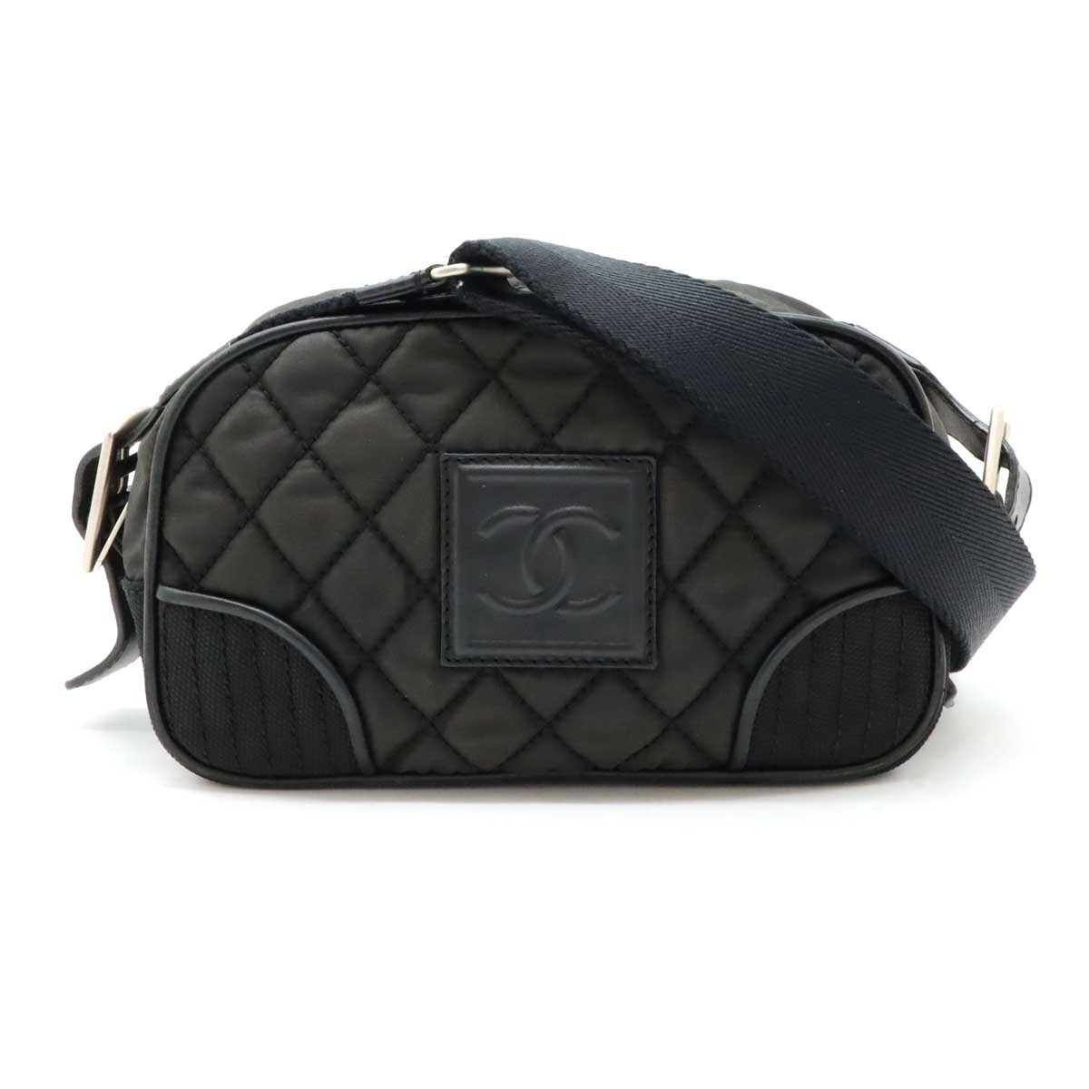 CHANEL Coco Mark Quilted Nylon Shoulder Bag Black Silver Hardware Sports Line 21